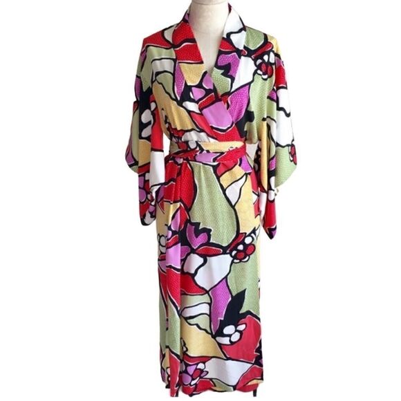 Natori- Vintage 90s Kimono Robe Duster Wrap Dress Pop Art, Size Medium - Picture 10 of 11